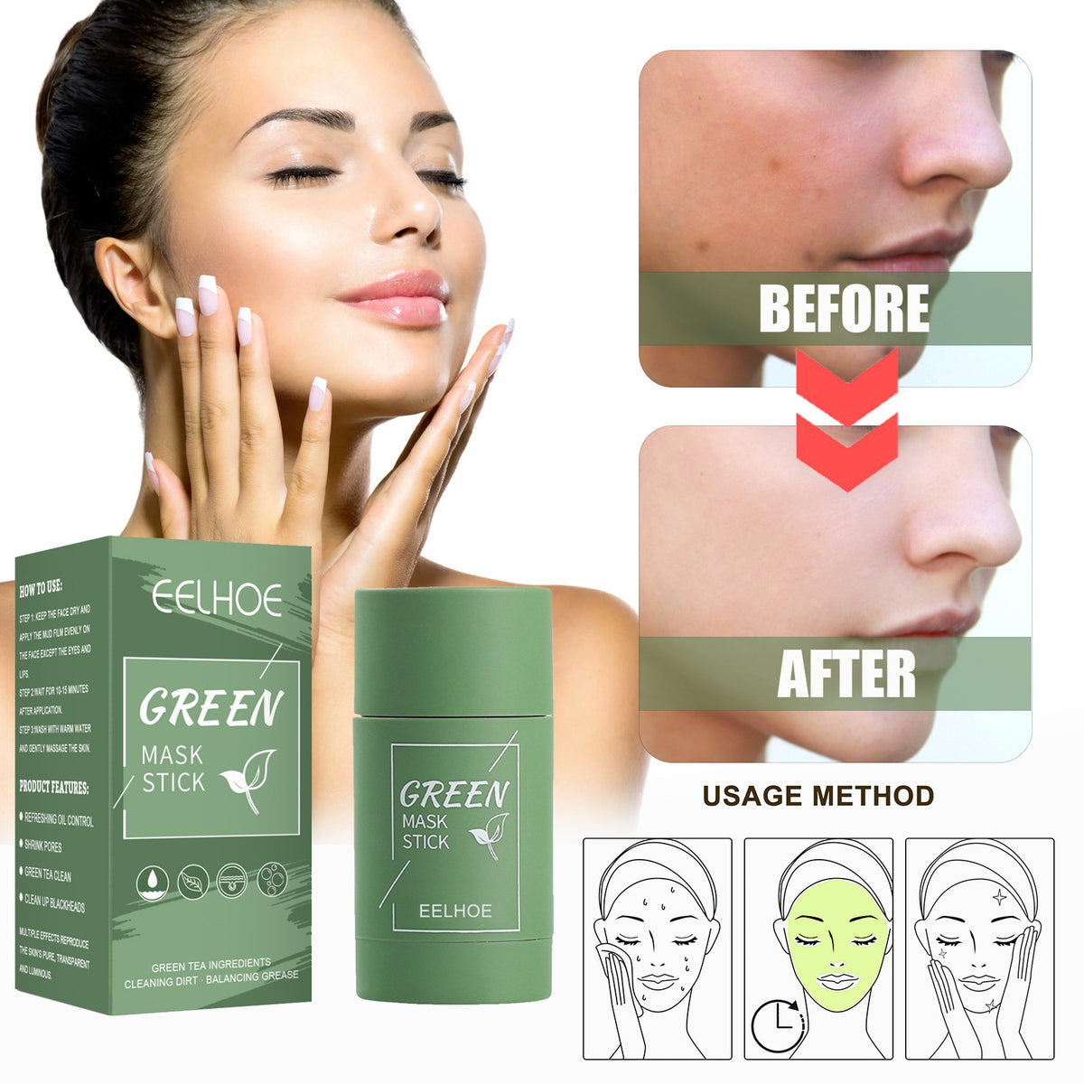 EELHOE Green Tea Clay Mask Stick | Deep Cleansing, Hydrating & Pore-Shrinking