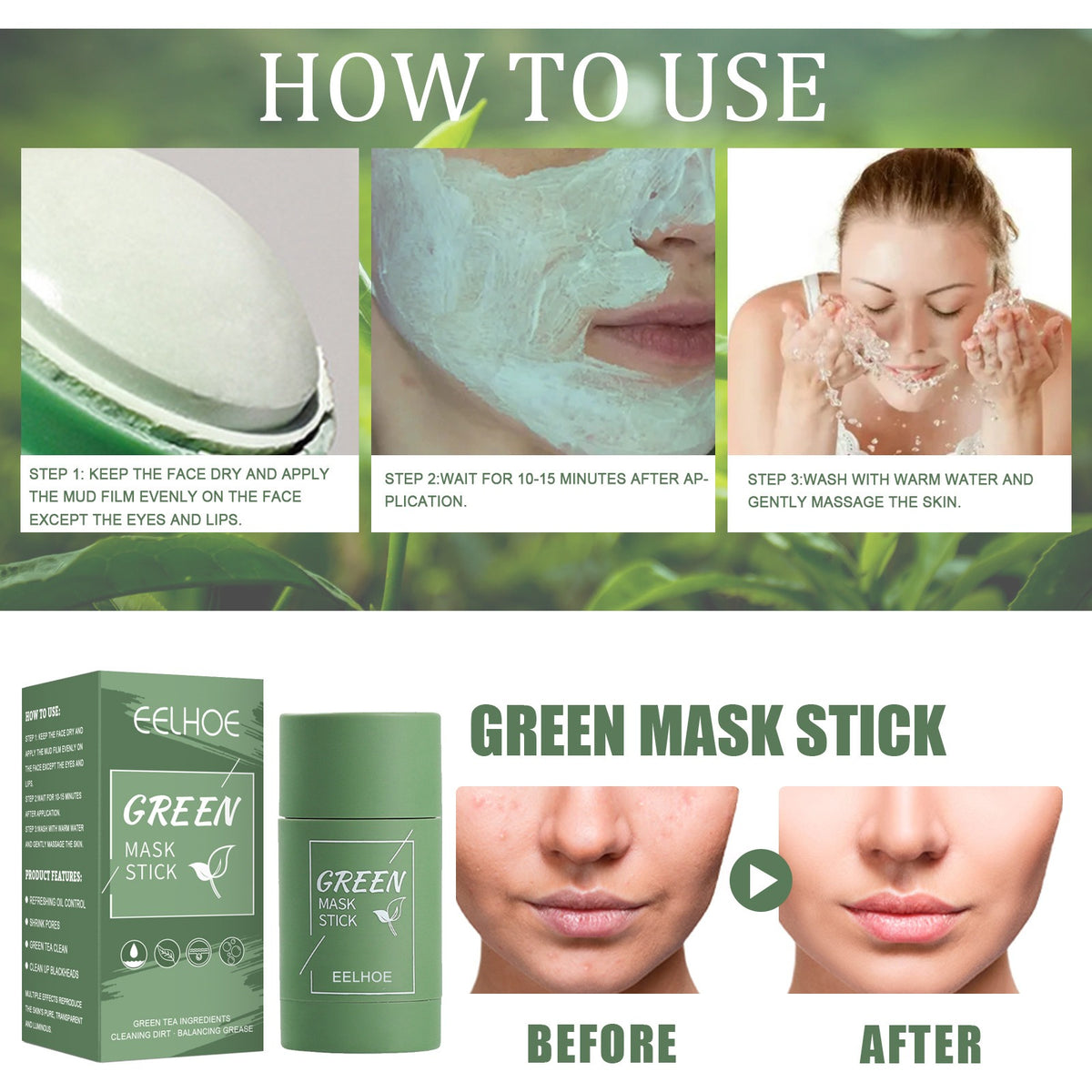 EELHOE Green Tea Clay Mask Stick | Deep Cleansing, Hydrating & Pore-Shrinking